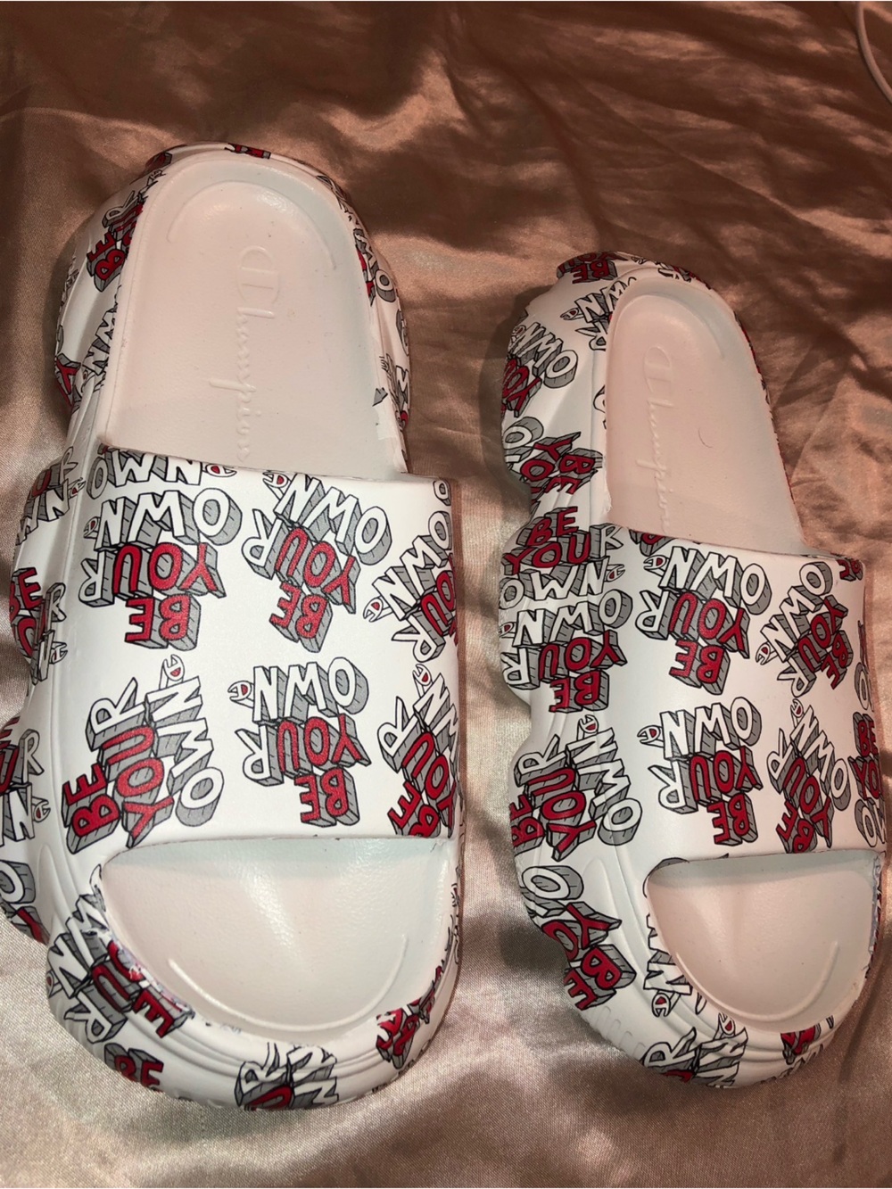 Champion Slide Sandals with Red 'Be Your Own' Graphics